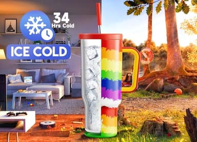 Meoky 40 oz Tumbler with Handle and Straw, Tumbler with Lid and Straw, Insulated Stainless Steel Travel Mug, 100% Leak-proof, Keeps Cold for 34 Hours (Rainbow Flag) - Image 2