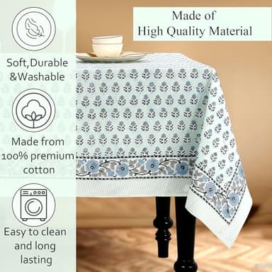 CPC Tablecloth 100% Cotton 70x118 Inch Indian Block Print Rectangle Table Cover, Washable Table Cloth for Weddings, Spring/Summer, Barbeque - Poppy Blue - Image 7
