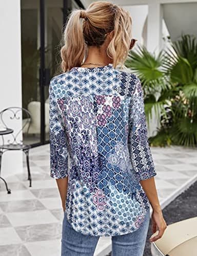 Floral Shirts for Women, Womens Business Casual Clothing 3/4 Sleeve Work Tops for Office Henley Shirt Ladies Tunic Tops for Leggings Long Floral Dressy Shirts Fitted Polyester Maternity BRD L - Image 3