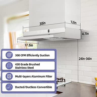 FIREGAS 30 inch Range Hood Under Cabinet, Ducted/Ductless Convertible Stainless Steel Kitchen Range Hood with Rocker Button Control, 2 Speed Exhaust Fan, 300 CFM Aluminum Filter Included - Image 2