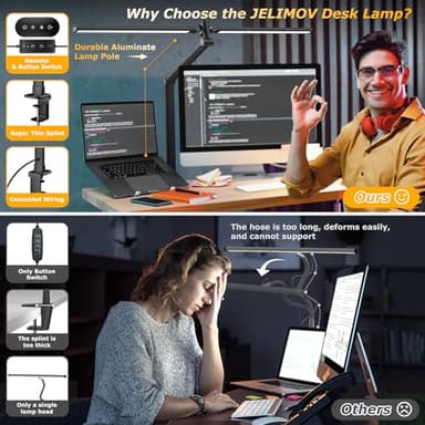 LED Desk Lamp for Home Office, Eye Caring Architect Desk Light with Remote, Dual Screen Computer Monitor Light with Stepless Dimming, Stepless Color Temp, Memory Function for Study, Workbench Black - Image 4