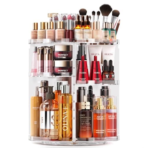 Auxmir Rotating Makeup Organizer, DIY 7 Adjustable Layers Spinning Skincare Organizer, Bathroom Organizer with Brush Holder Perfume Tray, Multi-Function Storage Carousel for Vanity Bathroom Countertop - Image 1