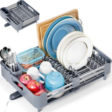 Urackify Dish Racks for Kitchen Counter, Dish Drying Rack - Stainless Steel Dish Drainer, Sink Drying Rack with Cutlery Holder, Dishes Organiser and Storage Rack, Gray - Image 1