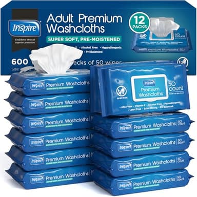 Inspire Adult Wet Wipes, Wash Cloths | Adult Wipes for Incontinence & Cleansing for Elderly, 8"x12" Count 12 packs of 50 - Image 1
