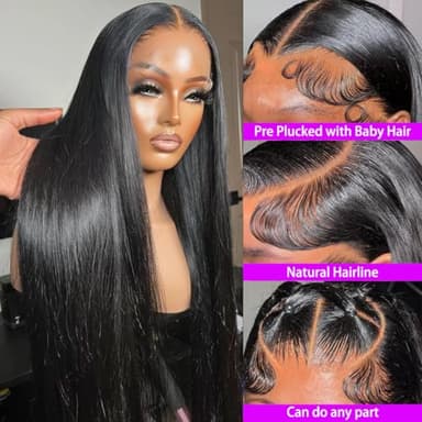 Amyes 30 Inch Straight Lace Front Wigs Human Hair 13x4 HD Lace Wigs 200% Density Brazilian Virgin Hair Glueless Wigs for Women Pre Plucked with Baby Hair Natural Black - Image 2