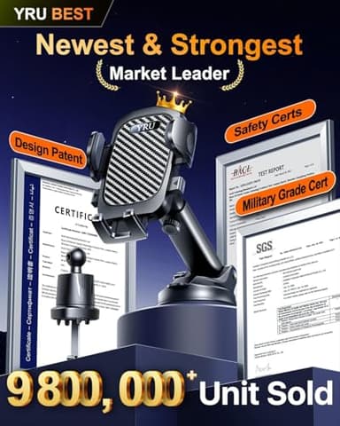 YRU True Military-Grade [360° Rotation Suction] 2025 Ultimate Car Phone Holder Mount 【90+LBS Safest Strongest & Patent Certs】 Dashboard Windshield Vent for iPhone 17 16 Pro Max Samsung, Gloss Black - Image 3