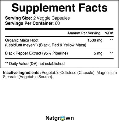 Natgrown Organic Maca Root Powder Capsules 1500 mg with Black + Red + Yellow Peruvian Maca Root Extract Supplement for Men and Women - Vegan Pills - Image 7
