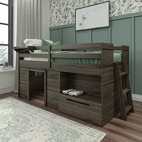 Max & Lily Loft Bed Twin Size, Solid Wood Low Loft Bed with Storage Drawer and Ladder, Modern Farmhouse Loft Bed for Kids, Barnwood Brown - Image 1