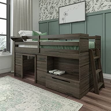 Max & Lily Loft Bed Twin Size, Solid Wood Low Loft Bed with Storage Drawer and Ladder, Modern Farmhouse Loft Bed for Kids, Barnwood Brown - Image 1