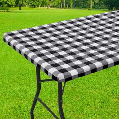Smiry Rectangle Picnic Table Cloth, Elastic Waterproof Fitted Vinyl Tablecloths, Flannel Backed Buffalo Plaid Table Covers for Dining, Camping, Outdoor (Black and White, 30" x 72") - Image 1
