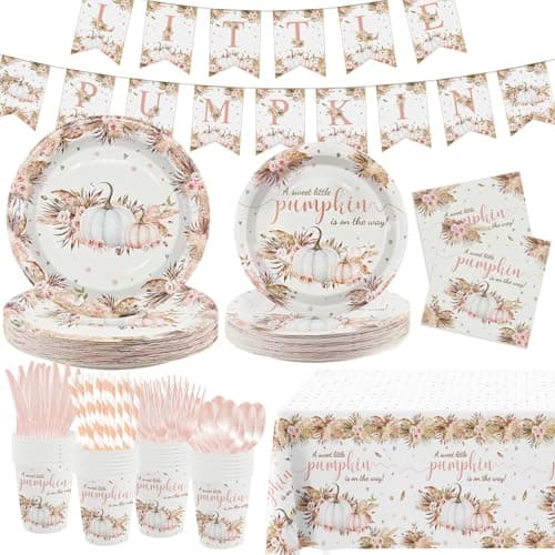 MEHOFOND Boho Fall Pumpkin Baby Shower Decorations Bohemia Floral Little Pumpkin Party Supplies Disposable Tableware Set 194 Pcs Plates Napkins Banners Plastic Tablecloth for Baby Shower Kids Party - Image 1