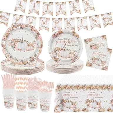 MEHOFOND Boho Fall Pumpkin Baby Shower Decorations Bohemia Floral Little Pumpkin Party Supplies Disposable Tableware Set 194 Pcs Plates Napkins Banners Plastic Tablecloth for Baby Shower Kids Party - Image 1