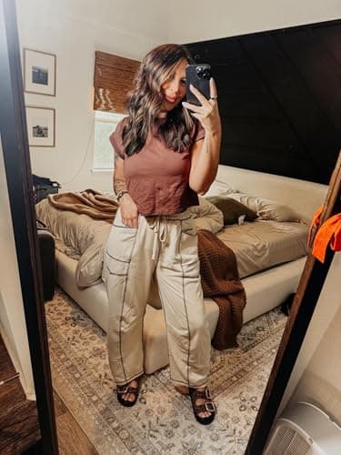 Athlisan Womens Baggy Barrel Pants Wide Leg Lounge Drawstring Sweatpants with Pockets(Khaki-M) - Image 6