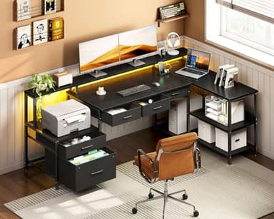 AODK L Shaped Desk with 5 File Drawers, 66" Reversible L Shaped Computer Desk with Power Outlet & LED Strip, Office Desk with Storage Shelves, Gaming Desk with Monitor Shelf, Corner Desk, Black - Image 2