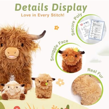 OUOZZZ Highland Cow Stuffed Animal – 14.5" Large Realistic Fluffy Cow Plush Toy with 4 Baby Calves – Travel-Friendly & Portable Gift for Baby Girls, Boys, Toddlers & Kids 3 Year Old - Image 6