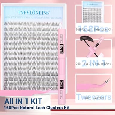 Natural Lash Extension Kit 168Pcs Lash Clusters Kit Wispy Eyelash Extensions 9-12MM Individual Lashes Extensions with Bond and Seal Lash Glue and Eyelash Extension Tweezers DIY at Home by TNFVLONEINS - Image 2