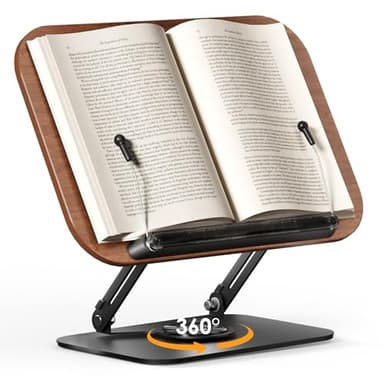 SupeDesk Book Stand for Reading, Adjustable Book Holder with 360° Rotating Bases, Foldable Designs, and Elastic Clips, Multifunctional Display Stand for Recipe, Cookbooks, Magazines, Tablets, Laptops - Image 1
