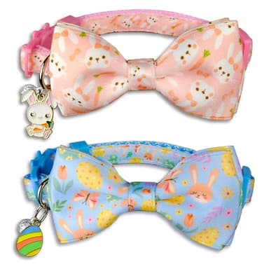 2 Pack Cat Collar with Bowtie and Charms Adjustable Breakaway Safety Design, Bunny and Pastel Egg Patterns, Soft Comfortable Nylon for Small Cats and Kittens - Image 1