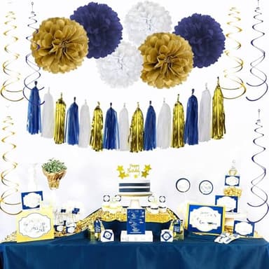 YGYXMY Birthday Decorations for Men, Navy Blue Gold White Happy Birthday Party Decorations Set - Banner, Balloons, Tissue Pompoms, Swirls, Tassels Garland - Image 4