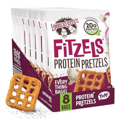 Lenny & Larry's Everything Bagel FITZELS- Savory Pretzel Snacks Incredibly Tasty, High Protein Salty, Vegan, 20 g's of Plant Based Protein 8 (eight) Bags, 3 oz Each - Image 1