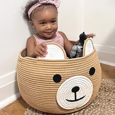 CherryNow Baby Basket for Newborn, Empty Baskets for Gift, Medium Animal Basket for Toy Clothes Towel, Woven Rope Bear Baskets for Kids, Brown, 15.7"D x 10.5"H - Image 2