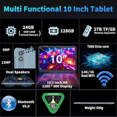 2025 Android 15 Tablet with Keyboard, 24GB+128GB+2TB Expand, 10.1 Inch Octa-Core 2-in-1 Tablets with 5G/2.4G WiFi, 8000mAh, BT5.0, GMS Certified, with Mouse, Case, Stylus, Split Screen(Black case) - Image 2