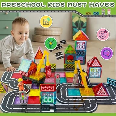Magnetic Tiles Road Set with Crane for Kids Ages 3-5 4-8 5-7 Preschool City Construction Kids Games Toddler Magnet Building Toys for 3+ Year Old Boys Girls Gifts - Image 4
