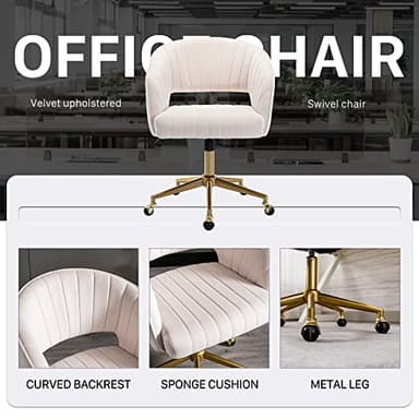 Home Office Chair Swivel Velvet Desk Chair Accent Armchair Upholstered Modern Tufted Chairs with Gold Base for Girls Women Ergonomic Study Seat Computer Task Stools for Living Room(Cream) - Image 8