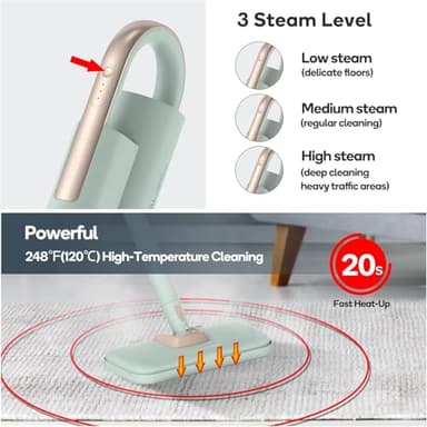 Newbealer Steam Mop & Detachable Handheld Cleaner, 250ml 1200W Powerful Floor Steamer, 3 Adjustable Levels for Carpet Laminate Hardwood Grout, Carpet Glider, 7 Multi-purpose Accessories & 2 Pads - Image 2