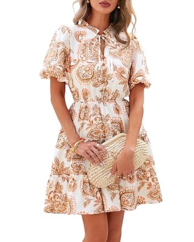 BTFBM Women Summer Floral Short Dresses V Neck Short Sleeve Tiered Ruffle Boho Swing Dress A-Line Mini Dresses(White Apricot Floral,Large) - Image 1
