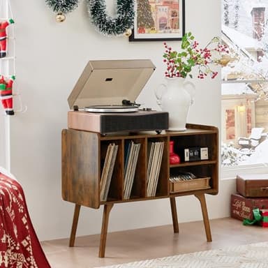 Lerliuo Record Player Stand with 4 Cabinet Holds Up to 220 Albums, Large Turntable Stand with Beech Wood Legs, Mid-Century Record Player Table,Brown Vinyl Holder Storage Shelf for Bedroom Living Room - Image 2