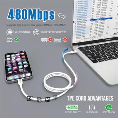 Truntau 6FT USB C to USB C Charger Cord for iPhone 17/16/15,16 Pro Max,16 Plus,16E,17Air,3A Fast Charging Cable for MacBook Air,iPad Air,iPad Pro, Car Carplay Charger Cord,AirPods Cable,White. - Image 3