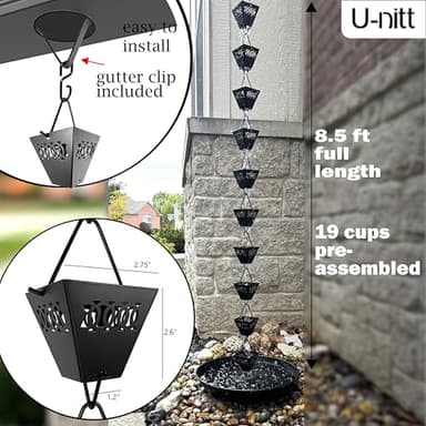 U-nitt Rain Chain Water Collection for Gutters, Rainwater Catcher & Diverter, 8.5 FT Chains for Outside Garden, Black Square Cups, Roof Downspout, Works with Heavy Rain, w/Gutter Clip for Rainchains - Image 5