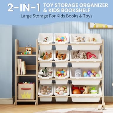 Toy Storage Organizer - Toy Organizers and Storage with Bookshelf, Toy Storage Shelf with 3 Shelves and 12 Storage Bins, Kids Bookshelf and Toy Storage for Kids Room, Playroom, Bedroom, Nursery, White - Image 7