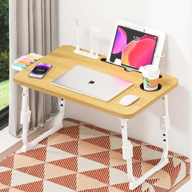 DECOSIS Laptop Bed Desk Height Adjustable, Bed Laptop Table with USB/Storage Drawer/Cup Holder/Tablet Stand/Book Shelf, Foldable Breakfast Tray Portable for Reading Writing, Bed, Sofa & Floor, Wood - Image 9