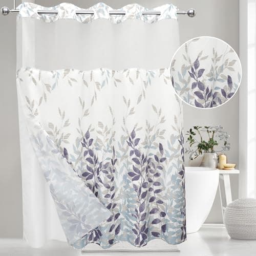 VIUOON No Hook Shower Curtain with Snap-in Fabric Liner Set, Double Layers Heavy Duty Fabric Large Leaf Pattern Bathroom Curtain with See Through Top, Hotel Grade, Machine Washable, 71Wx74L - Image 1