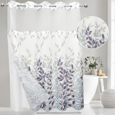 VIUOON No Hook Shower Curtain with Snap-in Fabric Liner Set, Double Layers Heavy Duty Fabric Large Leaf Pattern Bathroom Curtain with See Through Top, Hotel Grade, Machine Washable, 71Wx74L - Image 1