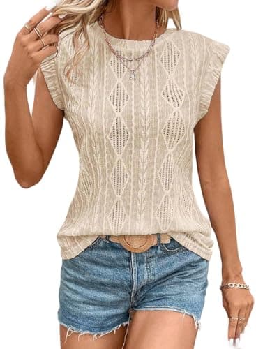 SHEWIN Spring Tops for Women Fashion Crewneck Short Sleeve Shirts Lightweight Comfy Soft Crochet Tops for Women Apricot Medium - Image 1