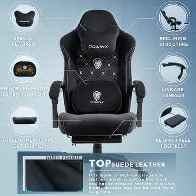 Dowinx Fabric Gaming Chair with Heated Massage Lumbar Support, Gaming Chairs for Adults, Big and Tall Gamer Chair with Pocket Spring Cushion and Footrest, Recliner High Back PC Chair for Adult, Black - Image 4
