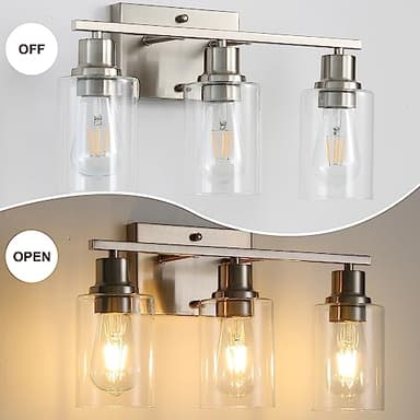 Jodauirt Brushed Nickel Wall Sconces,3-Lights Bathroom Vanity Light Fixtures with Clear Glass Shades, Farmhouse Modern Wall Lighting ​for Mirror,Bedroom,Living Room - Image 2