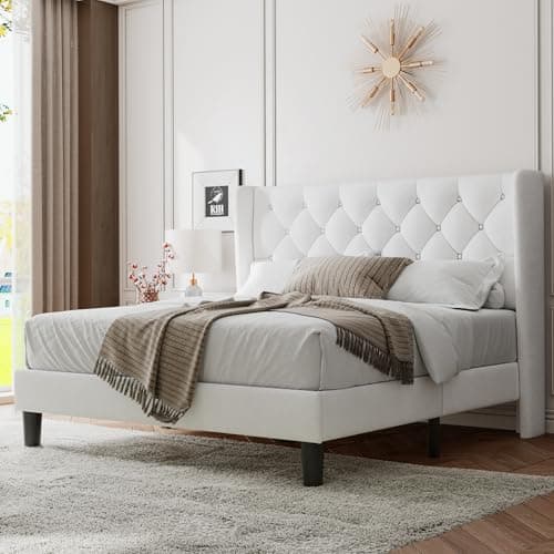 Feonase Queen Size Bed Frame with Diamond Tufted Wingback Headboard, Upholstered Platform Bed, Sturdy Wooden Slats Support, Noise-Free, No Box Spring Needed, Easy Assembly, White - Image 1