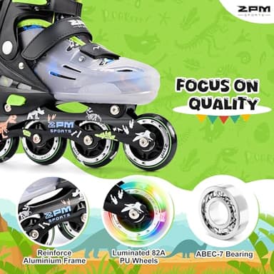 2PM SPORTS Adjustable Kids Inline Skates Boys Ages 4-8 8-12 3-5 4-6 6-12 10-12 with Light Up Wheels, Roller Skates Blades for Boys Beginner Youth Indoor Outdoor Size 11C 1 2 3 4 5 6 7 8 Dinosaur - Image 5