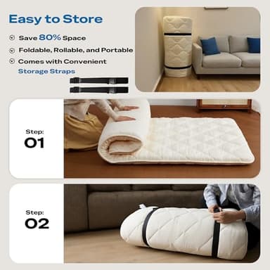 Aircliff Japanese Floor Futon Mattress, Roll Up Tatami Mat, Sleeping Pad, Shikibuton, CertiPUR-US Certified Foam Floor Bed Mattress for Sleeping, Dormitory, Guest Bed, Designed in Japan(White, Queen) - Image 6