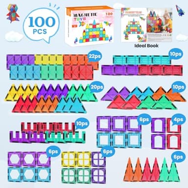 Paaxido Magnetic Tiles - 100 Pieces Magnetic Blocks for Kids, Magnet Tiles Building Blocks Set, Construction STEM Magnet Toys Gift for Kids, Boys and Girls 3 4 5 6 7 8+ Year Old - Image 7