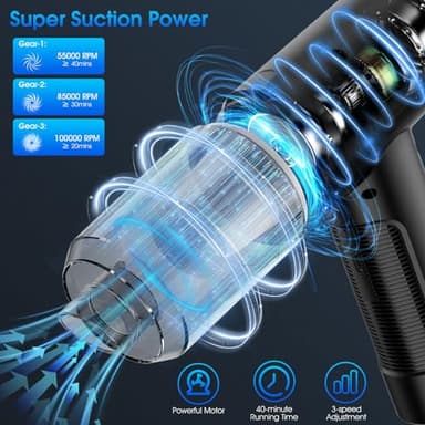 Compressed Air Duster, 100000RPM Handheld Car Vacuum/Air Blower& Pump, 3 Gear Adjustable Electric Air Duster/Car Vacuum Cleaner, Keyboard Duster with LED Light-10 Kits Air Blower for Computer(Black) - Image 8
