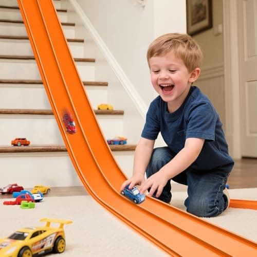Upgrade Flexible Race Track for Hot Wheels Cars Flex Tracks for Kids 3+, 15Ft Race Car Track Compatible with Hot Wheels, Matchbox and Diecast 1/64th Cars, Roll Up Car Ramp Toy with Strong Suction Cups - Image 1