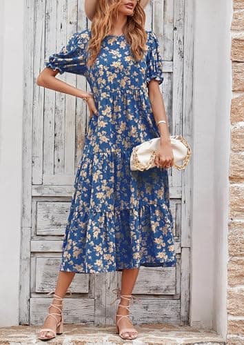 PRETTYGARDEN Summer Dresses for Women 2025 Casual Floral Boho Midi Sun Dress Puff Short Sleeve Flowy Beach Vacation Sundress (Blue Apricot,Small) - Image 3