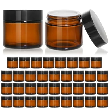 KEYWING 2oz Small Glass Jars, 35 Pack Amber Glass Cosmetic Jars with Black Lids, Round Sample Container with Inner Liners for Cream, Lotions, Powders and Ointments - Image 1