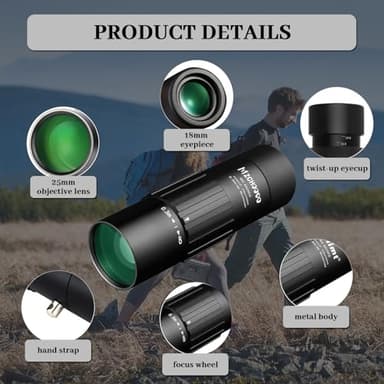 Monocular Telescope, 8x25 High Power, Waterproof Compact Scope with Accessories, Black - Image 3