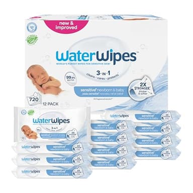 WaterWipes Sensitive+ Newborn & Baby Wipes, 3-In-1 Cleans, Cares, Protects, 99.9% Water, Unscented & Hypoallergenic, 720 Count (12 Packs) - Image 1